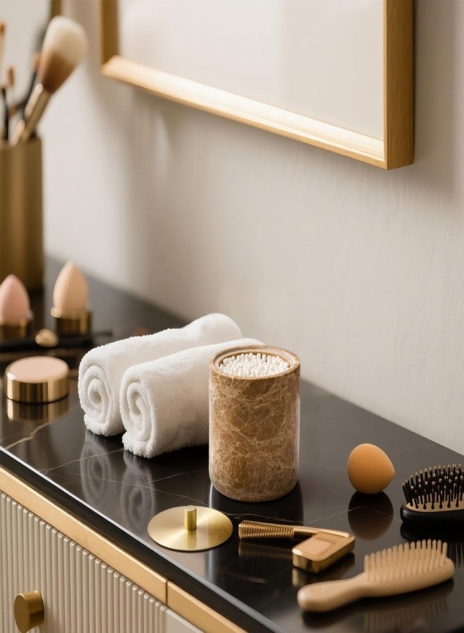 WORHE Marble Qtip Holder with Brass Lid for Cotton Swabs,Balls,Pads,Floss Picks Large Capacity Marble Apothecary Jar for Bathroom Essentials Decor, Vanity Makeup Storage Organizer Light Brown (WH080) - Image 2